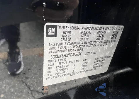 2015 Chevrolet Silverado 1500 2Lz z USA, uszkodzony, nr VIN 3GCUKSEC2FG455754